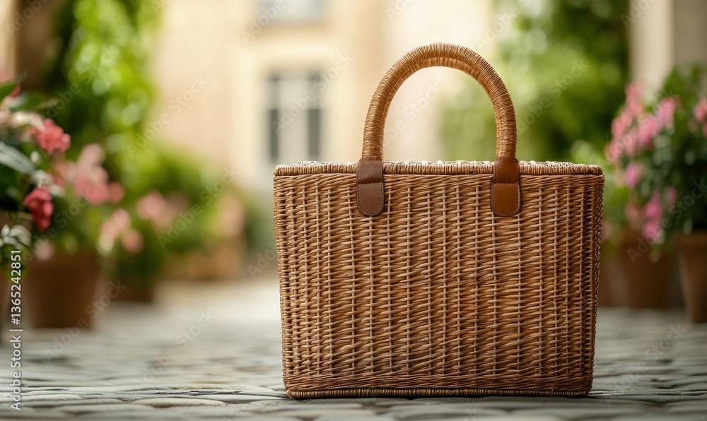 A charming woven picnic basket sits serenely on a stone path, surrounded by lush foliage and blooming flowers. A charming woven picnic basket sits serenely on a stone path, surrounded by lush foliage and blooming flowers.