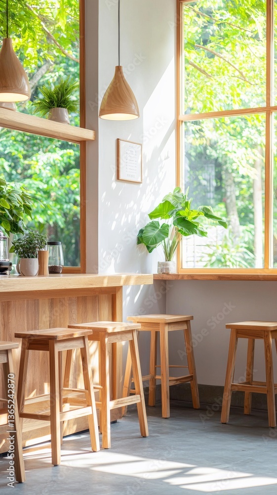 Fototapeta premium Sunlit Cafe Interior with Wooden Bar and Lush Greenery View