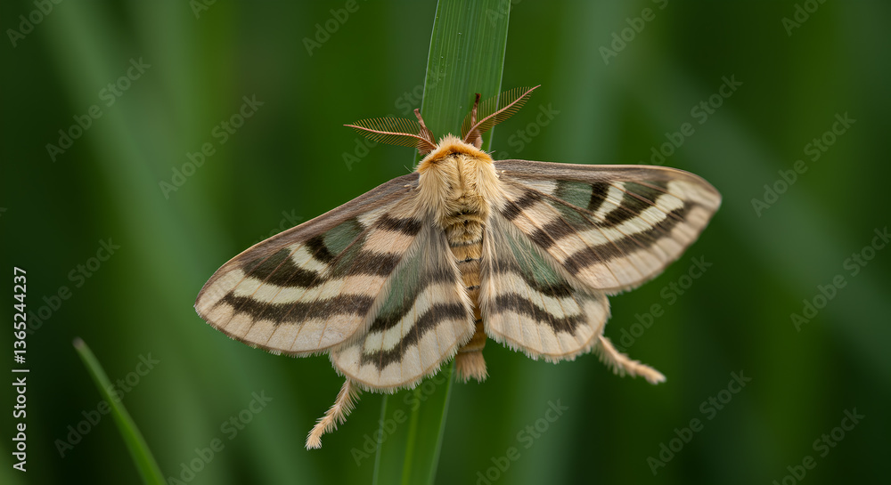 Obraz premium Pterophoridae plume moth on blade of grass with distinctive markings closeup