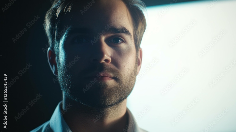 Intense Portrait of a Young Man in a White Shirt Against a Dark Background Intense Portrait of a Young Man in a White Shirt Against a Dark Background