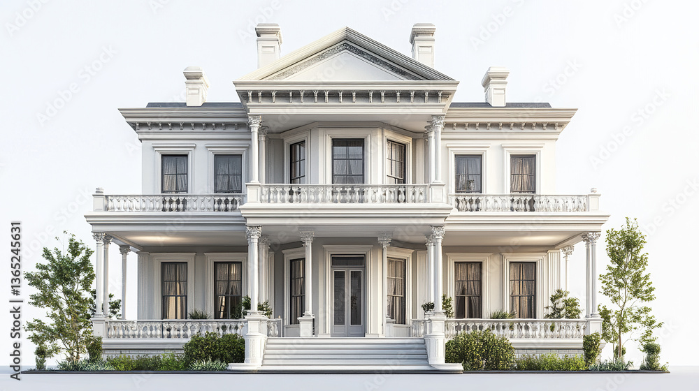Fototapeta premium Elegant classic house with columns and balconies on white background
