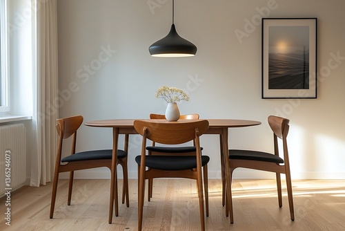 Minimalist Interior Dining Room, an interior photo of a dining room with wooden dining tables and chairs and art frames hanging on the walls. Generative AI
