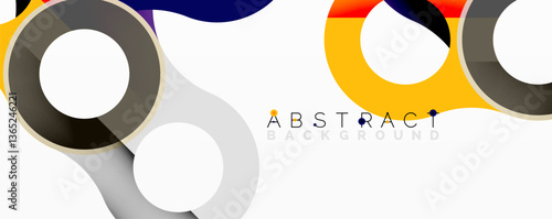 Abstract circle element composition with overlapping circular and tubular shapes featuring smooth gradients, transparency effects, and dynamic layering