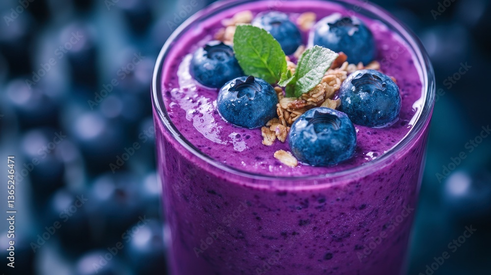 Fresh Blueberry Smoothie with Granola and Mint Leaf Topping in Glass on Dark Blurred Background Fresh Blueberry Smoothie with Granola and Mint Leaf Topping in Glass on Dark Blurred Background
