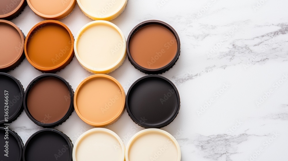 A collection of lipsticks in various shades of brown and beige, arranged in a grid-like pattern on a marble surface. A collection of lipsticks in various shades of brown and beige, arranged in a grid-like pattern on a marble surface.