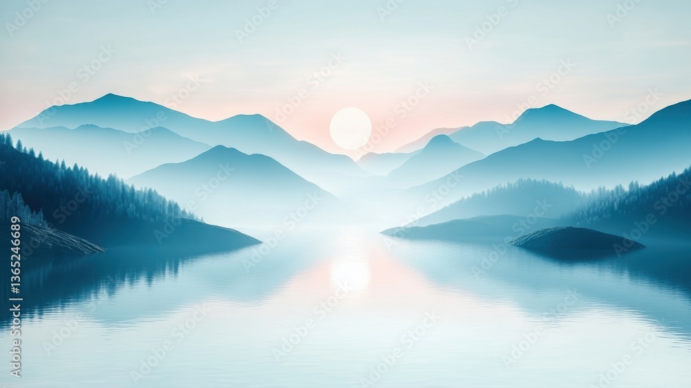 Serene sunrise over misty mountains tranquil lake nature photography calm environment wide view Serene sunrise over misty mountains tranquil lake nature photography calm environment wide view