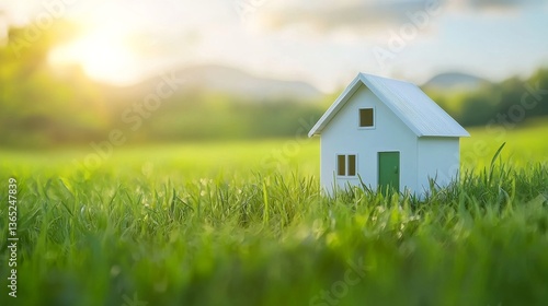 Wallpaper Mural Small White House Model in Lush Green Field at Sunset Torontodigital.ca