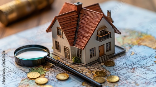 Miniature House on World Map with Golden Coins and Magnifying Glass Investment Opportunity and Real Estate Concept in Soft Lighting