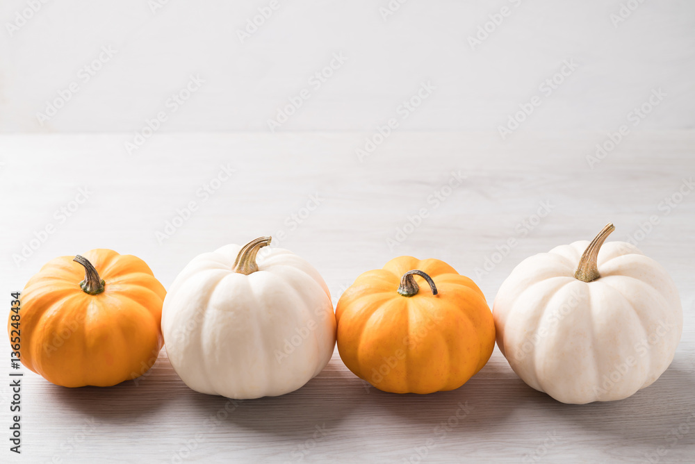 White and orange Jack be little pumpkin on white background, Decoration pumpkins White and orange Jack be little pumpkin on white background, Decoration pumpkins
