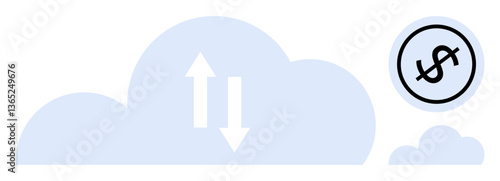 Large cloud with up and down arrows and dollar icon indicating cloud-based financial transactions, data exchange, or cloud storage. Ideal for finance, technology, data transfer, cloud services
