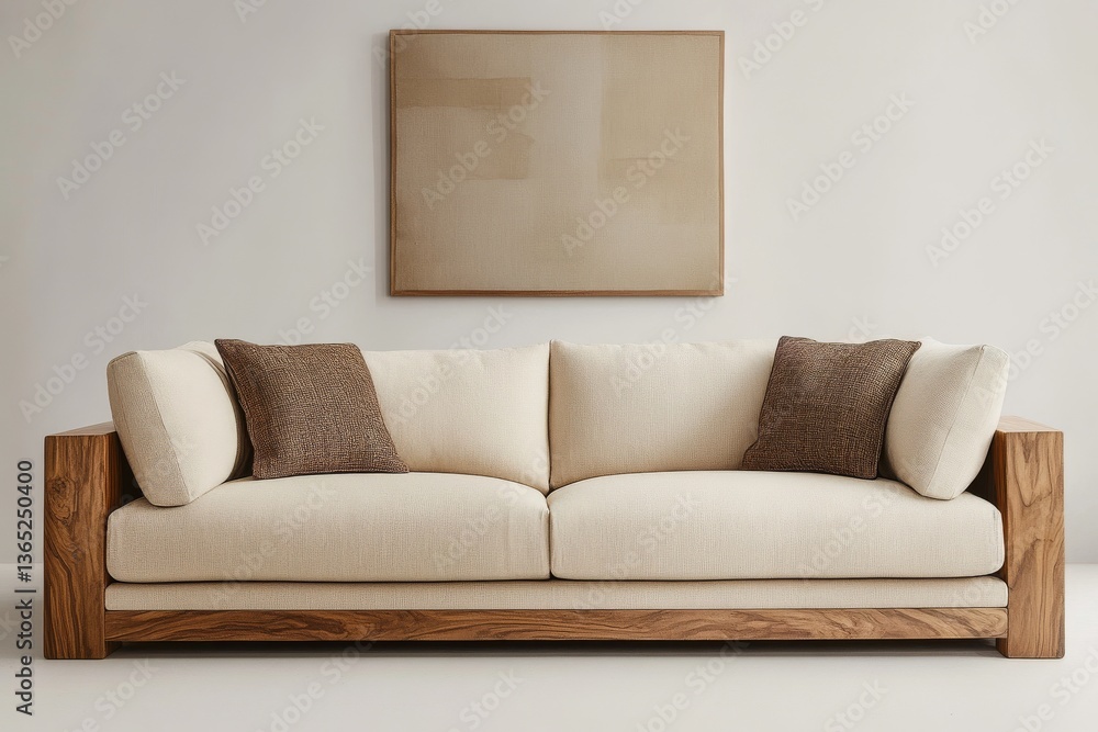 A cozy modern sofa with soft cushions and a wooden frame invites relaxation in a serene living space A cozy modern sofa with soft cushions and a wooden frame invites relaxation in a serene living space