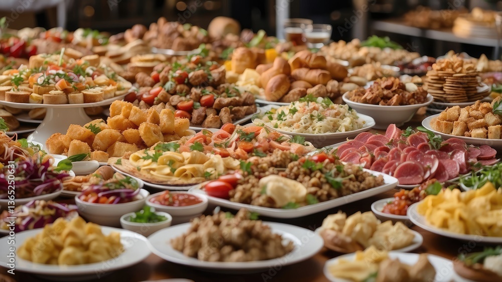 A buffet table filled with an assortment of appetizers. A buffet table filled with an assortment of appetizers.