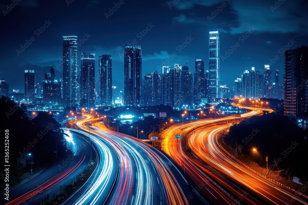 Obraz premium Nighttime traffic flow urban skyline long exposure photography cityscape aerial view dynamic motion