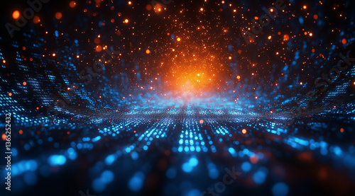 Digital technology background with blue light rays and binary code
