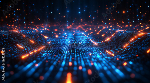 Digital technology background with blue light rays and binary code