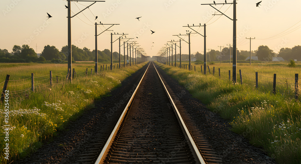 Obraz premium Railroad Tracks and Swallows Perched on Overhead Wires at Sunrise or Sunset