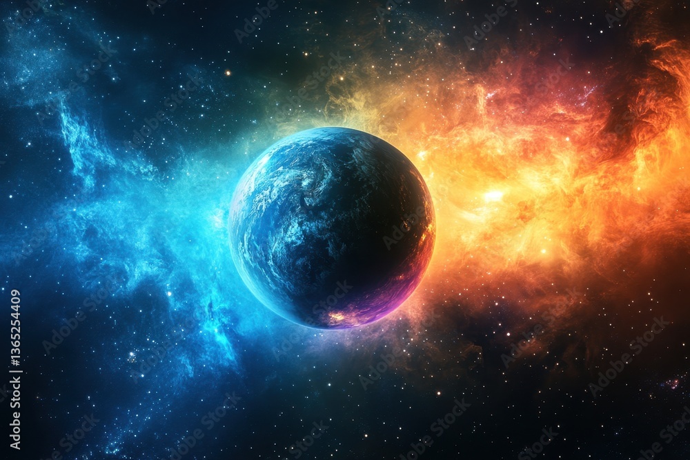Obraz premium Vibrant cosmic landscape showcasing a planet amidst swirling colorful nebulae in space