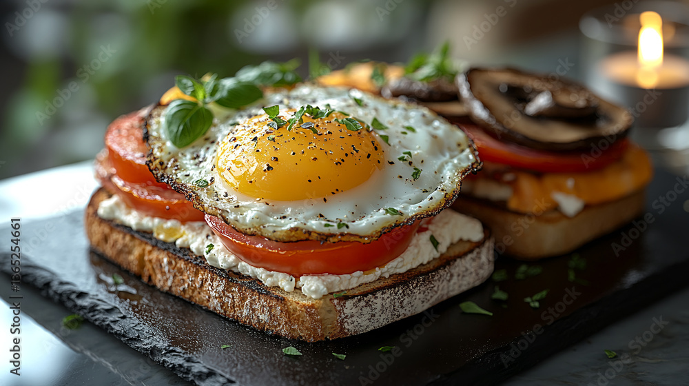 Gourmet Breakfast Toast with Eggs and Vegetables Gourmet Breakfast Toast with Eggs and Vegetables