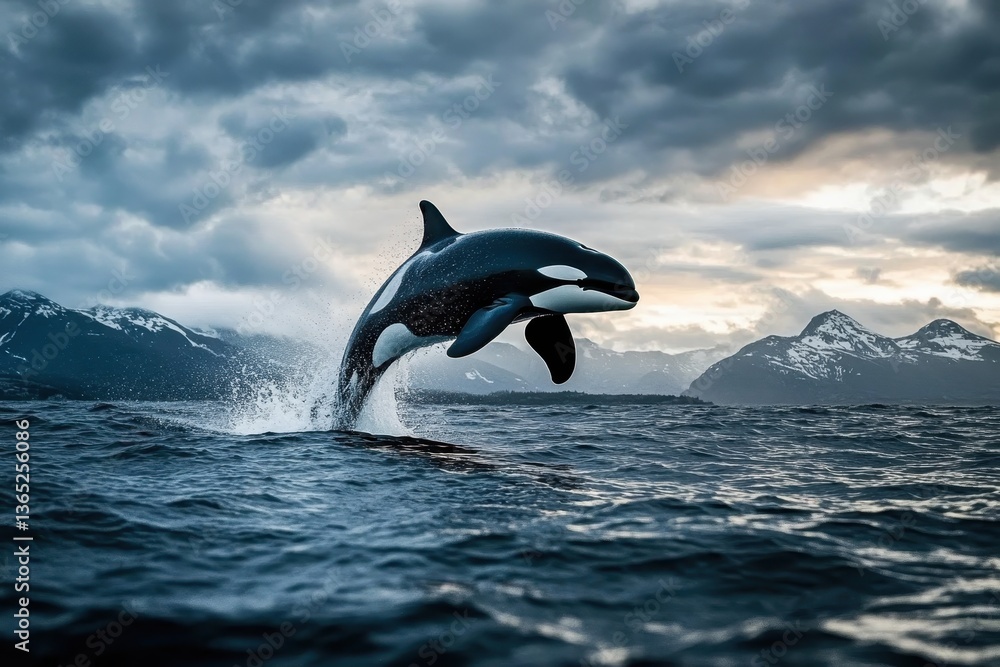 Fototapeta premium Orca leaping dramatically above the ocean surface at sunset 