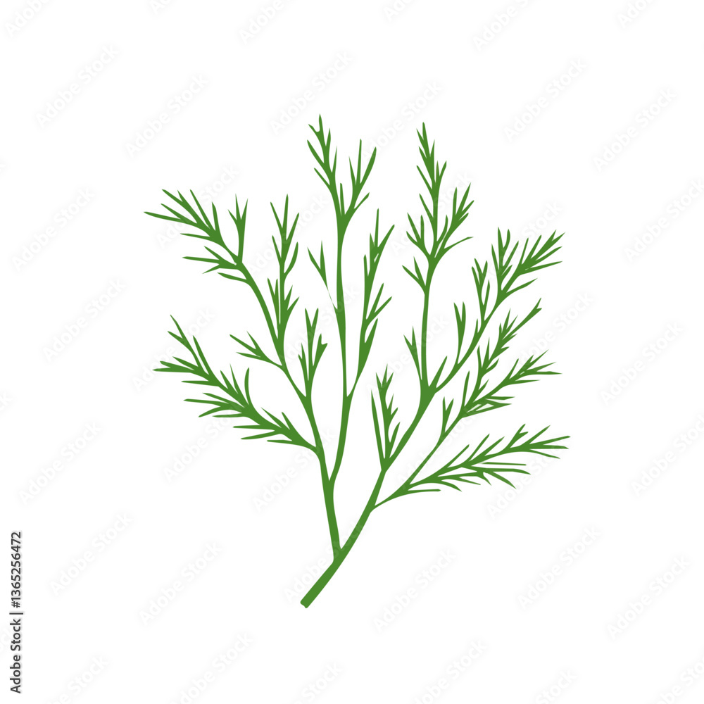 Fototapeta premium Flat 2D illustration of a dill branch isolated on a white background, vector 2D design, icon, EPS format illustration, Simple flat 2d illustration art. 