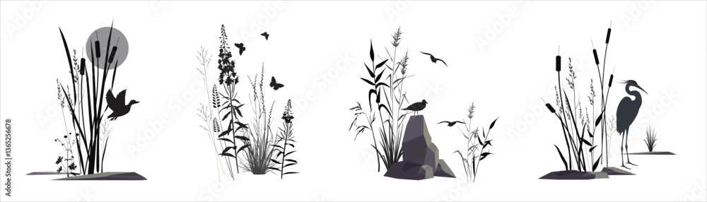 Fototapeta premium Swamp plants, stones, wild flowers and field herb thickets - cereal grass, reed, cane, cattail, buttercup and seagull bird, heron, duck, butterflies. Monochrome silhouette landscape isolated drawings.