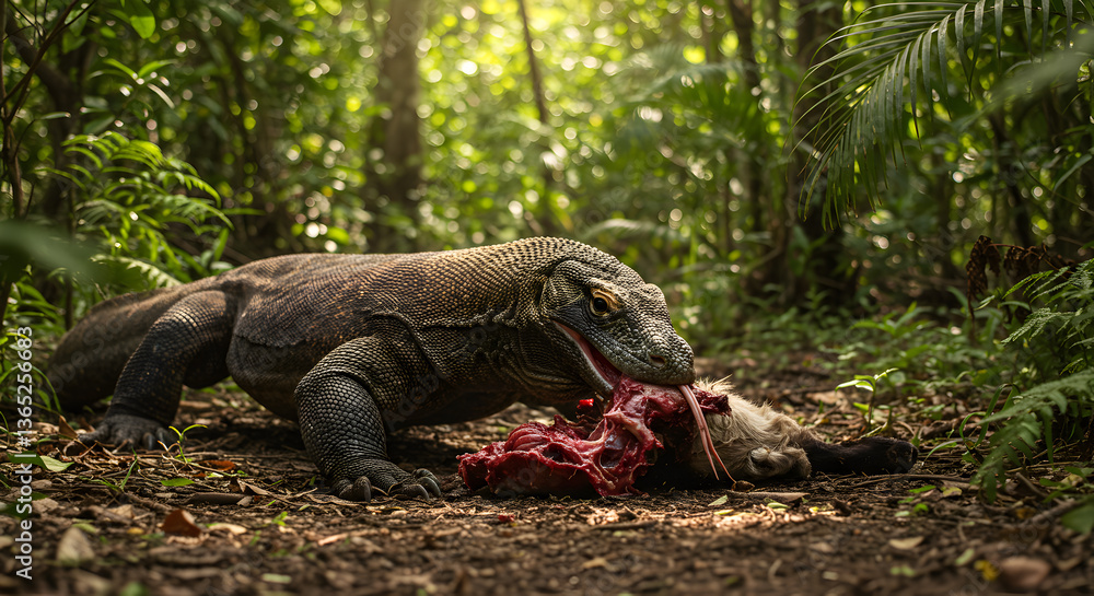 Komodo dragon devouring goat carcass in lush tropical woodland environment Komodo dragon devouring goat carcass in lush tropical woodland environment