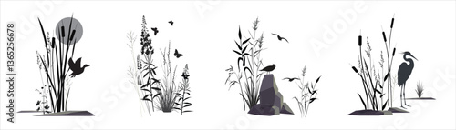 Swamp plants, stones, wild flowers and field herb thickets - cereal grass, reed, cane, cattail, buttercup and seagull bird, heron, duck, butterflies. Monochrome silhouette landscape isolated drawings.