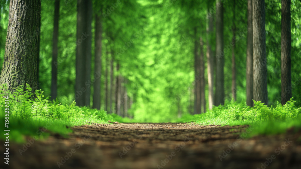 Naklejka premium Lush green forest trail surrounded by tall trees and vibrant ferns, inviting tranquility