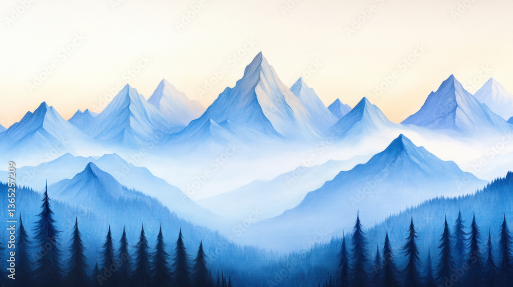 Obraz premium Majestic mountain views with serene blue tones and misty valleys create tranquil atmosphere
