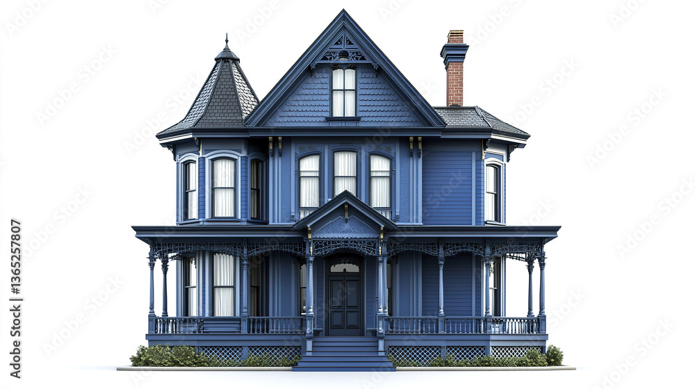 Fototapeta premium Victorian style blue house with ornate details on white background