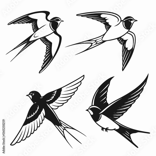 barn swallow icon set black silhouette vector bundle