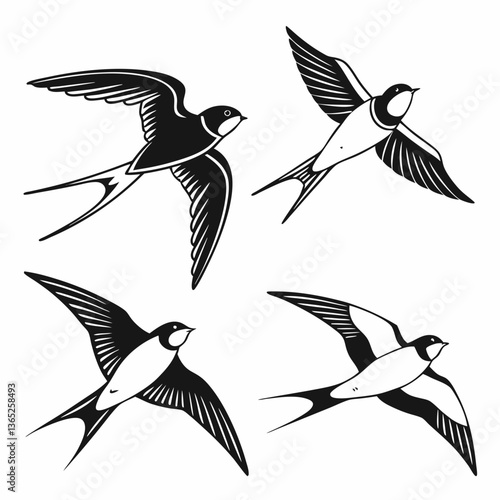 barn swallow icon set black silhouette vector bundle