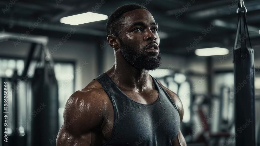 A man in a gym with a sweat-soaked tank top and a beard A man in a gym with a sweat-soaked tank top and a beard