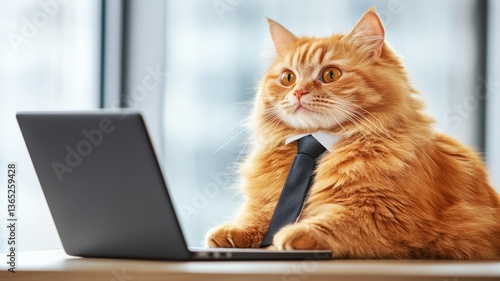 Pet roleplay concept. Business Cat in Formal Attire Working on Laptop at Office Desk