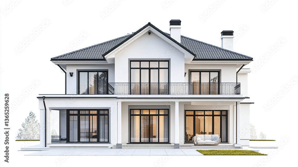 Classic house with large windows and balcony on white background Classic house with large windows and balcony on white background