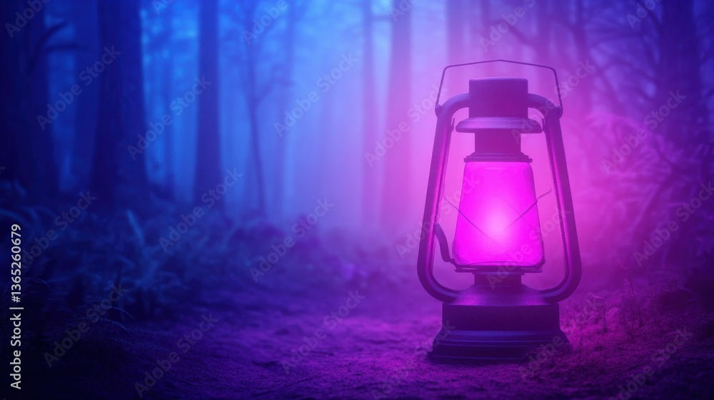 A glowing purple lantern stands amidst a misty forest, creating an enchanting and mysterious atmosphere. A glowing purple lantern stands amidst a misty forest, creating an enchanting and mysterious atmosphere.