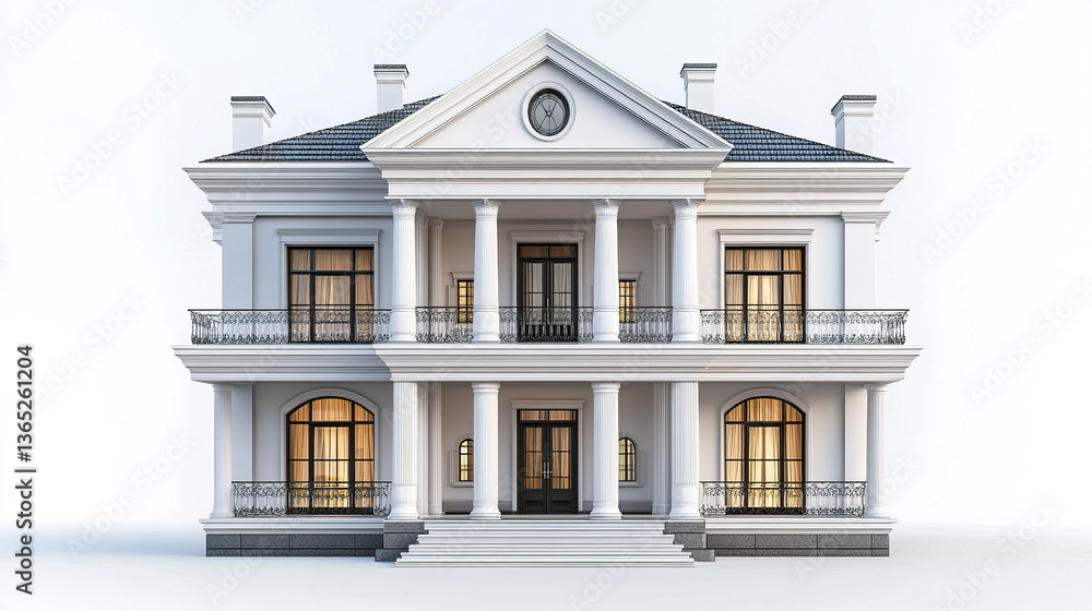 Fototapeta premium Elegant classic house with columns and large windows on white background