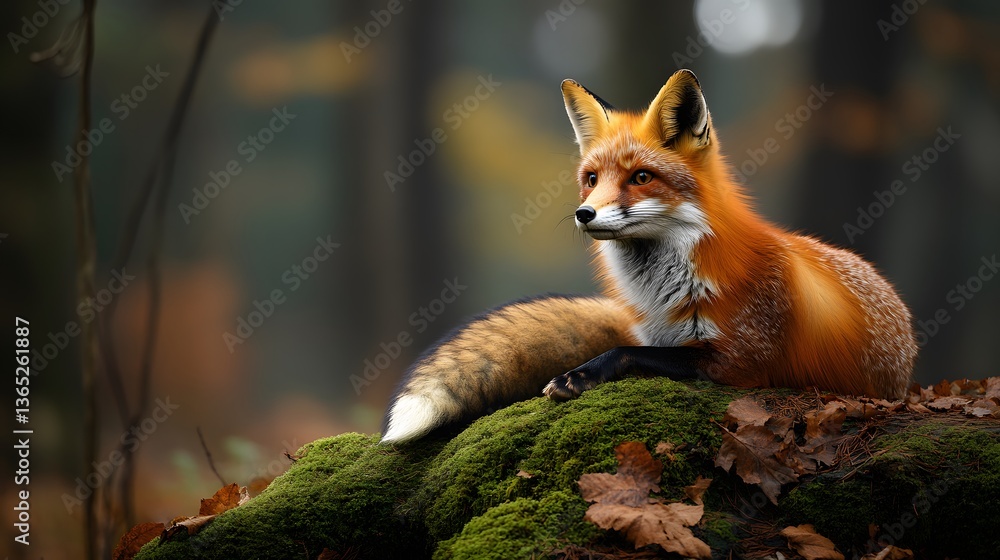 Fototapeta premium Red fox rests alertly on moss-covered log in enchanted woodland, vibrant fur contrasting with green surroundings. Dappled sunlight filters through trees, enhancing the dreamy wildlife composition.