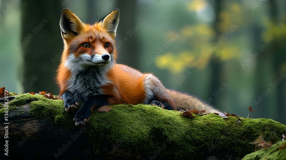 Naklejka premium Red fox rests alertly on moss-covered log in enchanted woodland, vibrant fur contrasting with green surroundings. Dappled sunlight filters through trees, enhancing the dreamy wildlife composition.