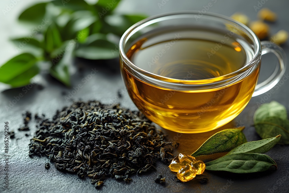 Fototapeta premium Aromatic Black Tea Leaves with Honey and Fresh Green Tea Leaves - Perfect for Beverage Design