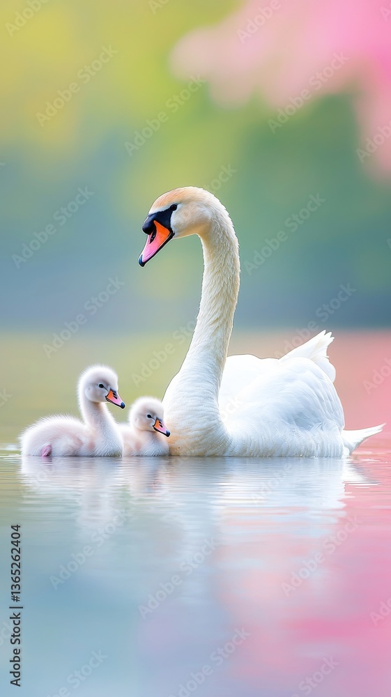Fototapeta premium White Swan and Two Cygnets on Calm Water with Pastel Background