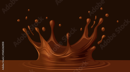 Realistic liquid chocolate splash isolated on dark background. Splash with drops.