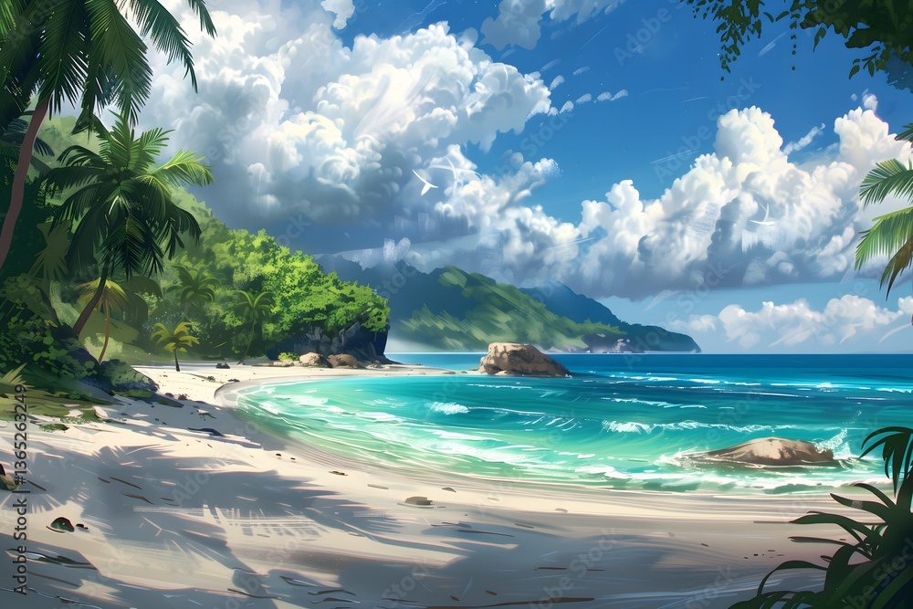 Naklejka premium Tropical beach scene with palm trees and turquoise waters 