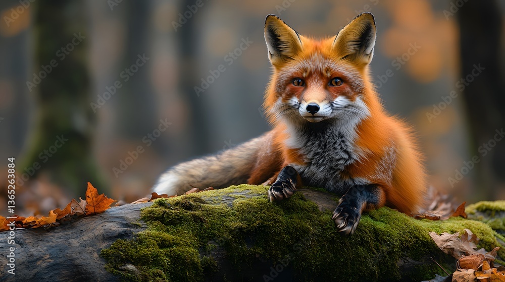 Naklejka premium Red fox rests alertly on moss-covered log in enchanted woodland, vibrant fur contrasting with green surroundings. Dappled sunlight filters through trees, enhancing the dreamy wildlife composition.