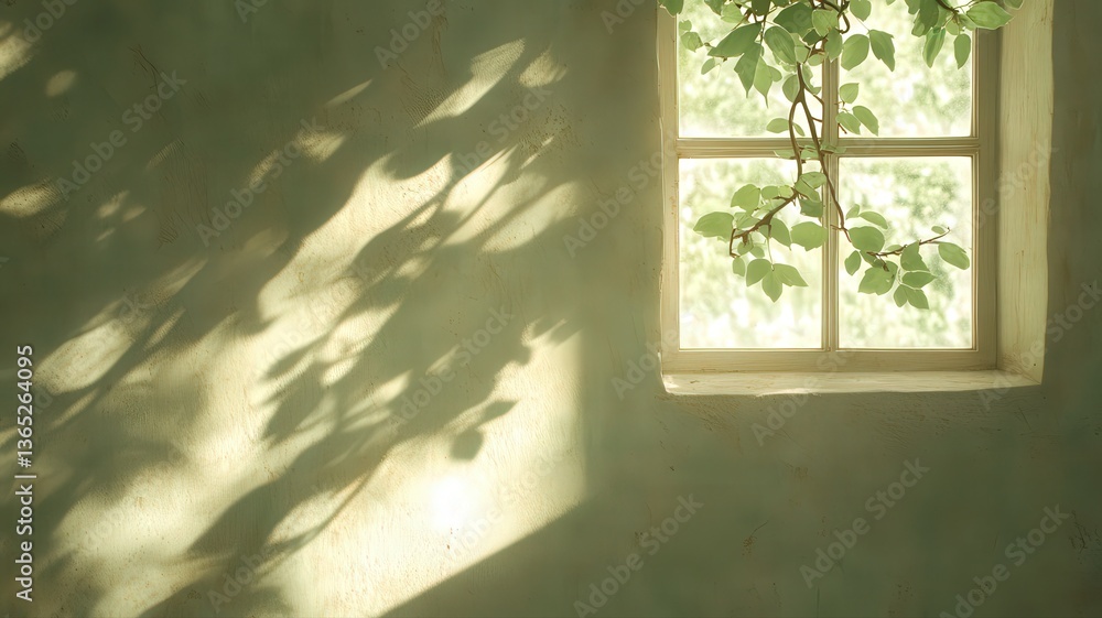 Fototapeta premium Sunlight and Leaf Shadows on a Green Wall