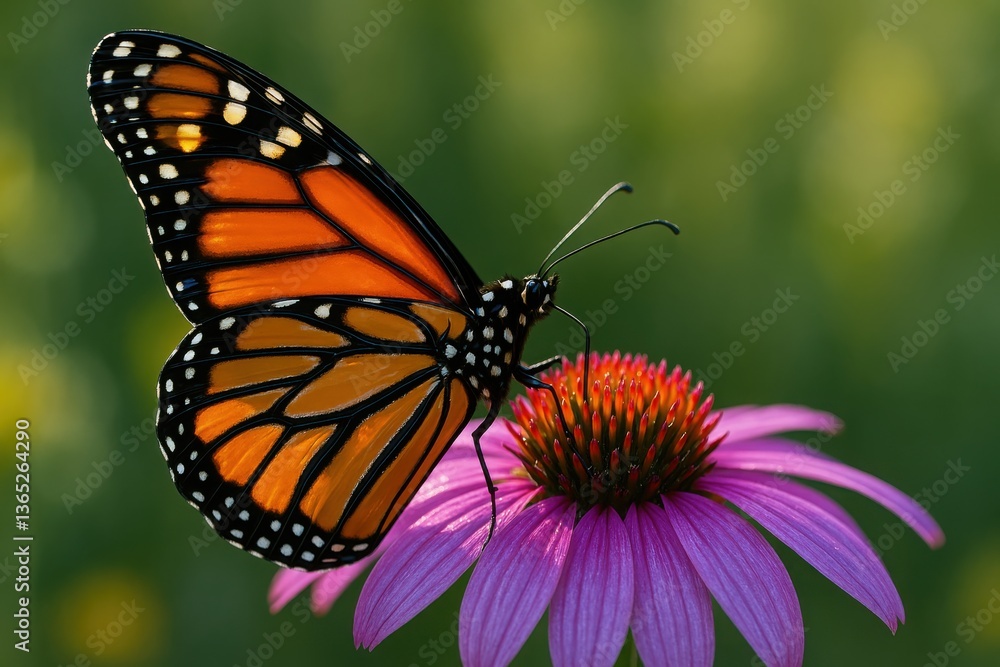 Monarch butterfly perched on vibrant echinacea flower in sunlit garden during warm afternoon
Monarch butterfly perched on vibrant echinacea flower in sunlit garden during warm afternoon