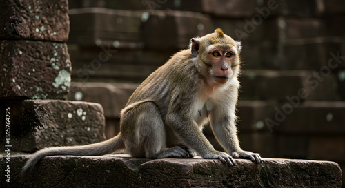 Long-tailed macaque perched thoughtfully among the aged temple stone ruins