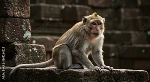 Fototapeta Long-tailed macaque perched thoughtfully among the aged temple stone ruins