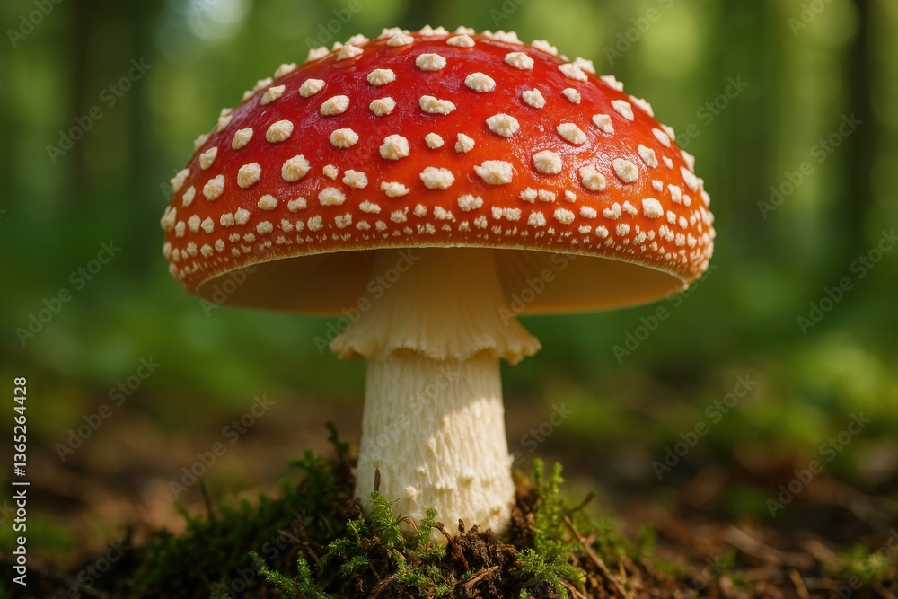 Amanita muscaria mushroom with bright red cap and white spots growing on mossy forest floor
Amanita muscaria mushroom with bright red cap and white spots growing on mossy forest floor