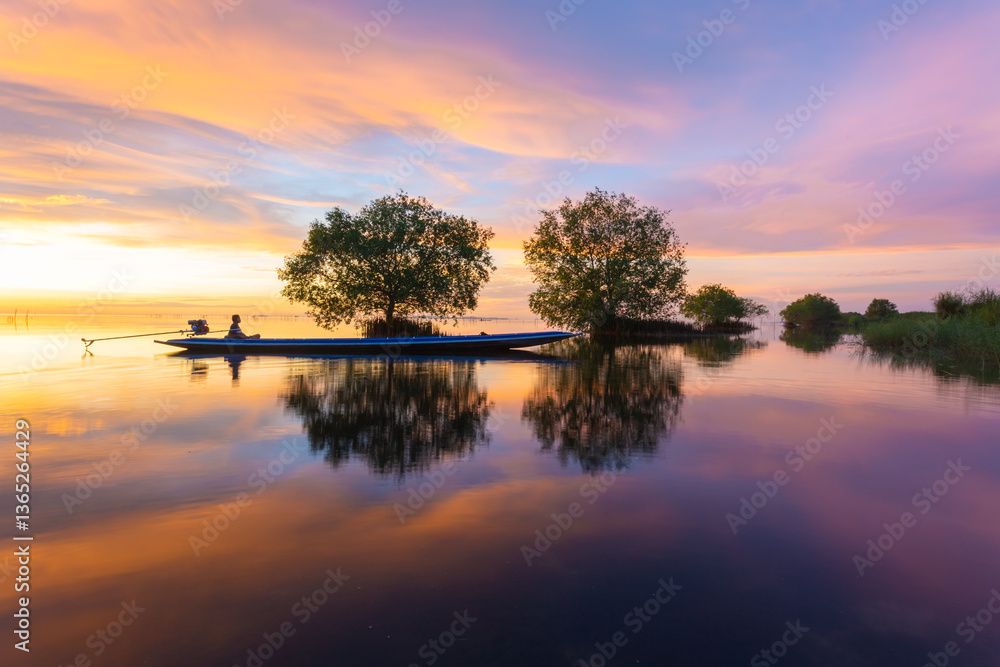 Obraz premium The way of life of fishermen in The Le Noi at Ban Pak Pra (Pak Pra village), an important lake in Phatthalung Province, including boat trips to take tourists to see the scenery